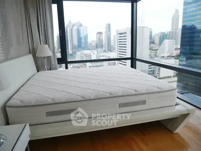 Luxurious bedroom with panoramic city view and modern decor in high-rise apartment.