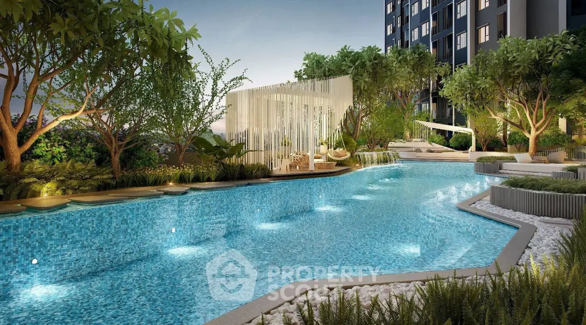 Luxurious residential pool area with modern design and lush greenery, perfect for relaxation and leisure.