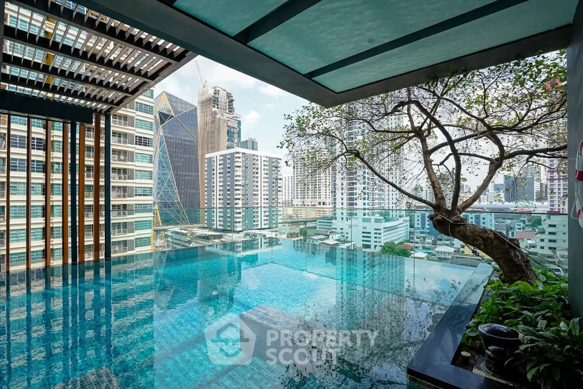 Stunning rooftop infinity pool with panoramic city skyline views in a modern urban setting.