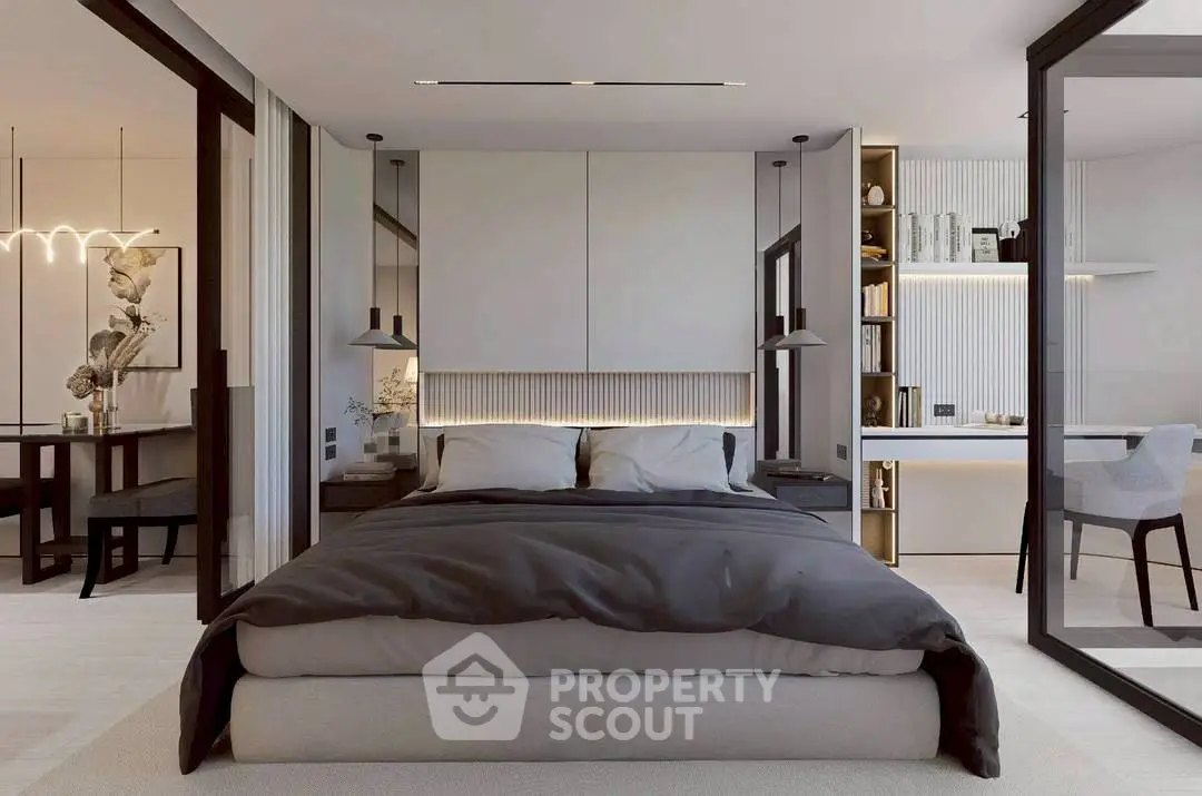 Luxurious modern bedroom with elegant decor and ambient lighting