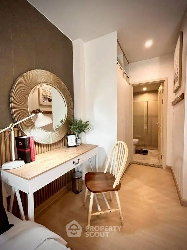 Chic study nook with stylish desk and chair in modern apartment