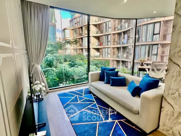 Luxurious living room with floor-to-ceiling windows and stunning garden view in modern apartment.