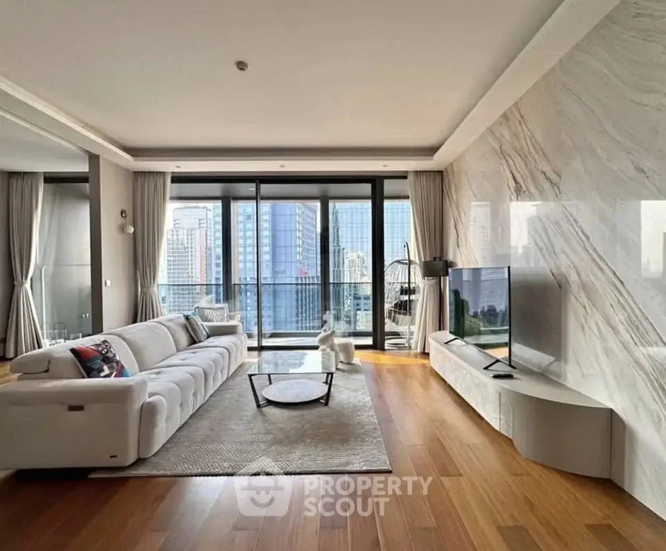 Luxurious living room with stunning city view and elegant decor