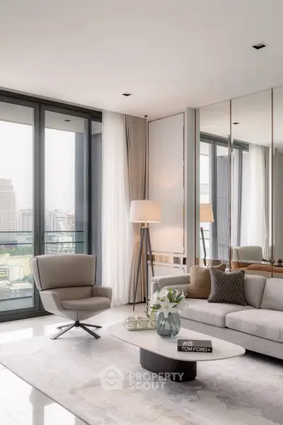 Luxurious modern living room with city view, elegant furniture, and floor-to-ceiling windows.
