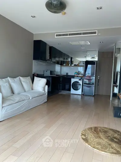 Modern open-layout living room with sleek kitchen and washing machine, featuring light wood flooring and cozy white sofa.