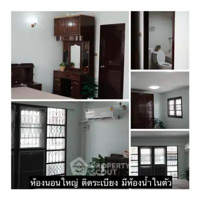 Spacious bedroom with ensuite bathroom and elegant wooden furniture.