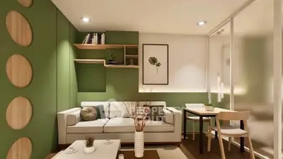 Stylish modern living room with green accent wall and cozy furniture