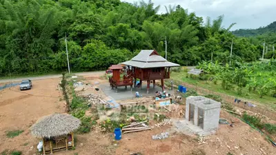 Charming elevated wooden house surrounded by lush greenery and under construction, offering serene rural living.