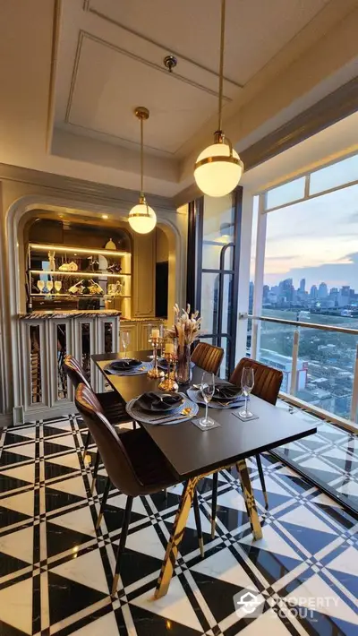 Luxurious dining area with stunning city view and elegant decor