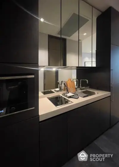 Modern kitchen with sleek black cabinetry and built-in appliances