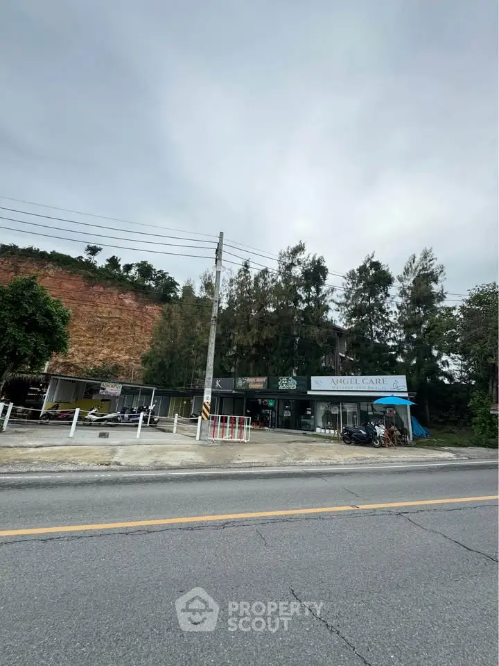 Commercial property with road frontage and lush greenery backdrop, ideal for business opportunities.
