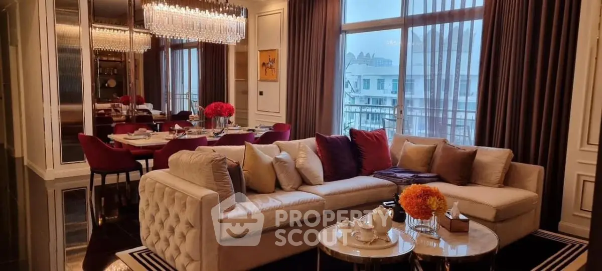 Luxurious living room with elegant decor and city view, perfect for sophisticated urban living.