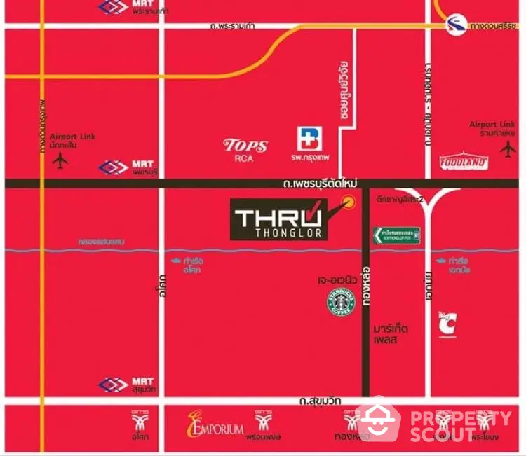 Map showing Thru Thonglor location near MRT and Airport Link in vibrant Bangkok.