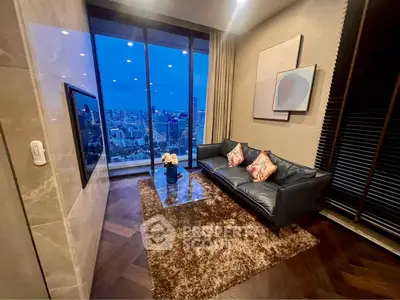 Luxurious living room with stunning city view, elegant decor, and cozy seating area.