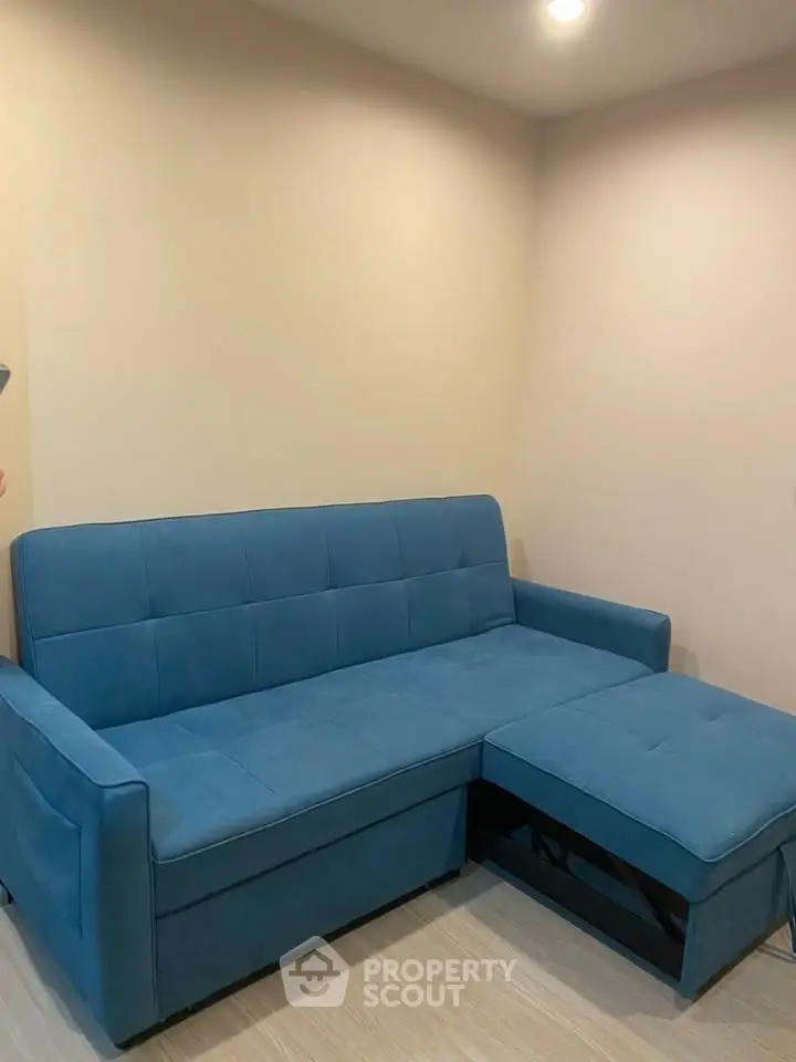 Modern blue sofa in a cozy living room with neutral walls and wooden flooring.