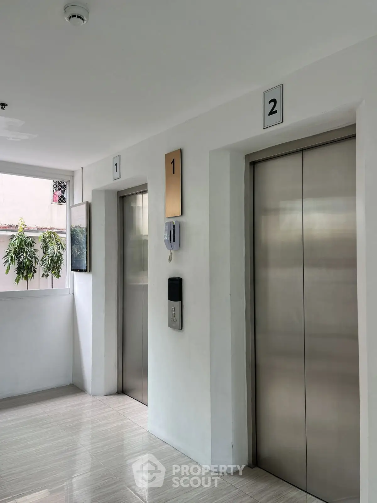 Modern building elevator lobby with two stainless steel elevators and natural light.