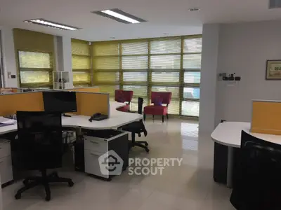 Spacious modern office with large windows and stylish furniture