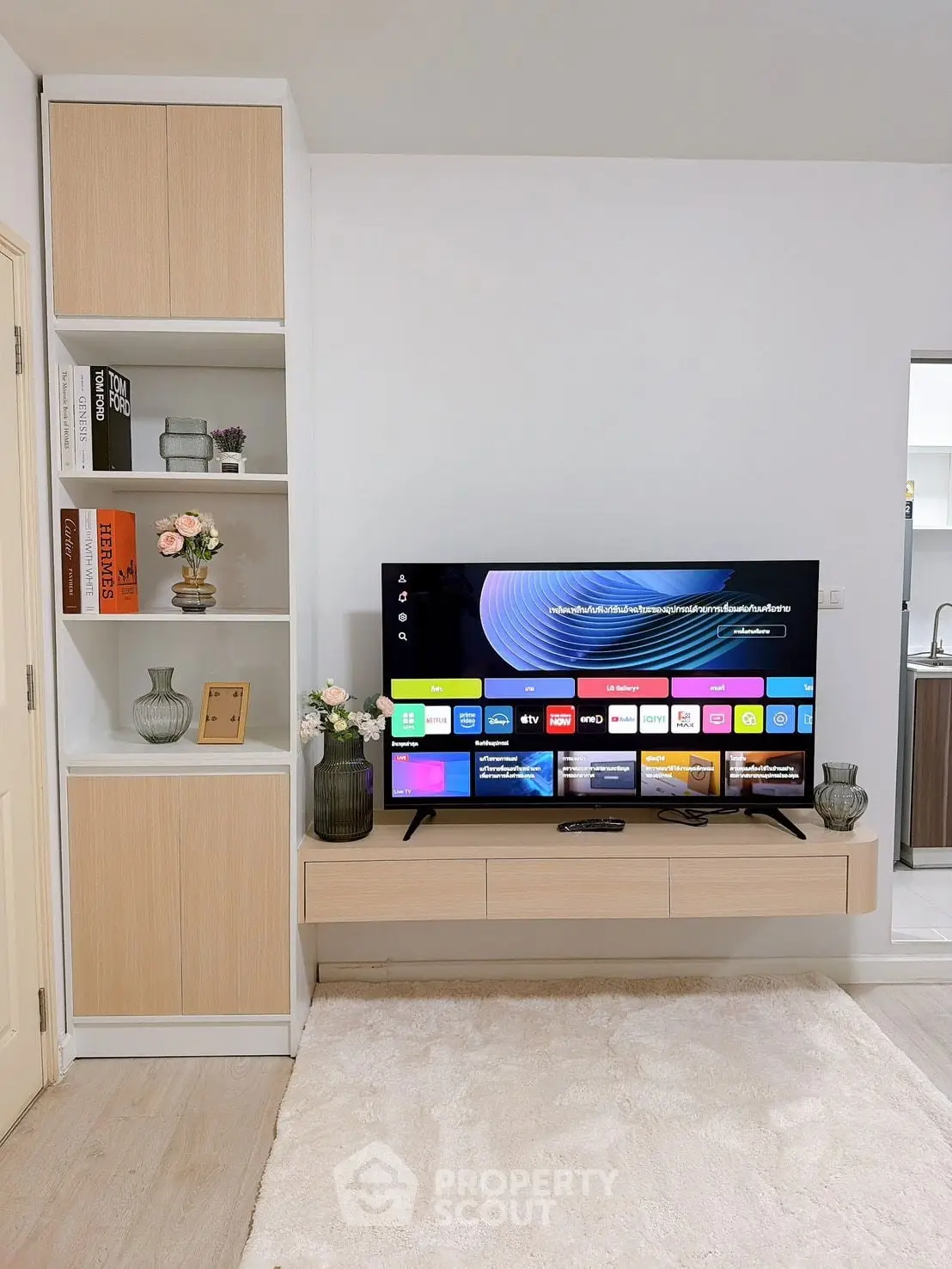 Modern living room with sleek TV unit and stylish decor