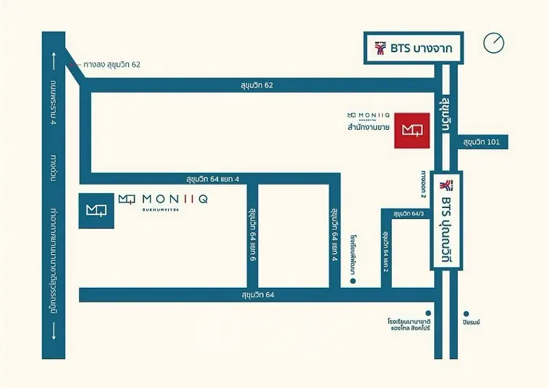 Map showing location of Moniiq Sukhumvit near BTS Bang Chak and BTS Punnawithi.
