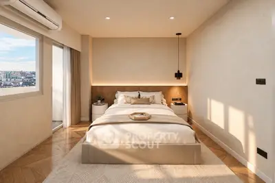 Luxurious bedroom with modern decor and city view, featuring elegant lighting and cozy ambiance.