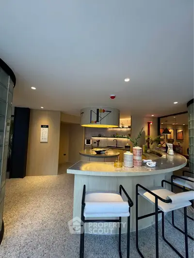 Modern kitchen with open layout and stylish bar seating in luxury apartment