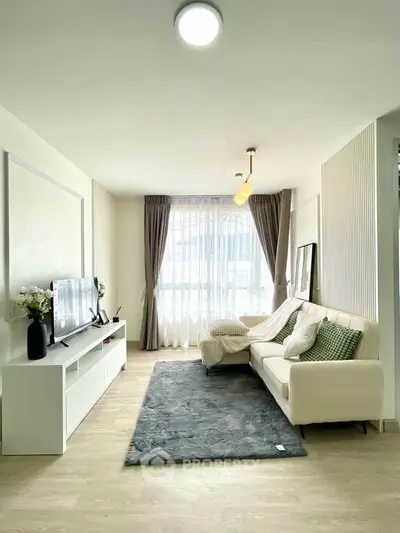 Bright and modern living room with cozy sofa and stylish decor