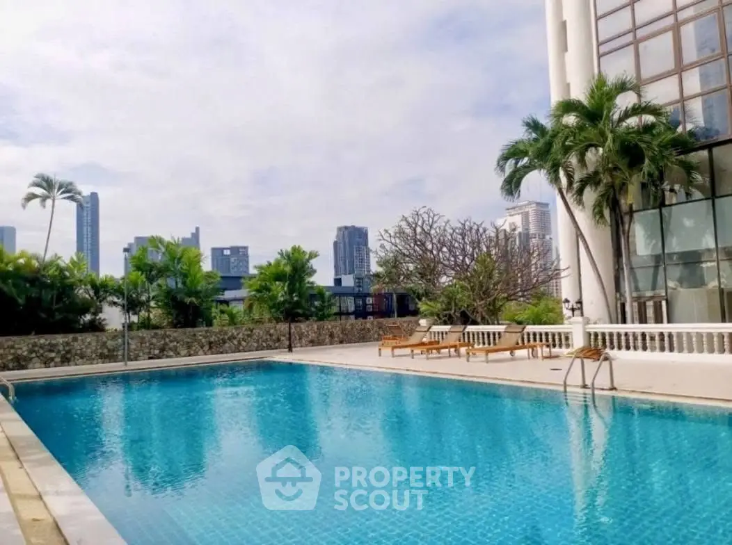 Luxurious urban pool with city skyline view and lush greenery