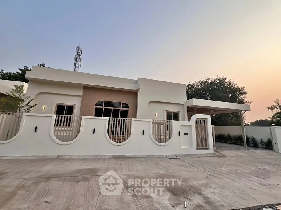 Charming modern bungalow with unique architectural design and spacious driveway