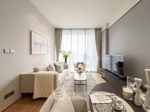 Elegant modern living room with stylish decor and large window view