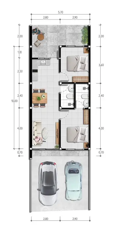 Modern floor plan with two bedrooms, living area, kitchen, and garage.