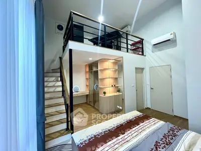 Modern loft-style bedroom with mezzanine and stylish decor