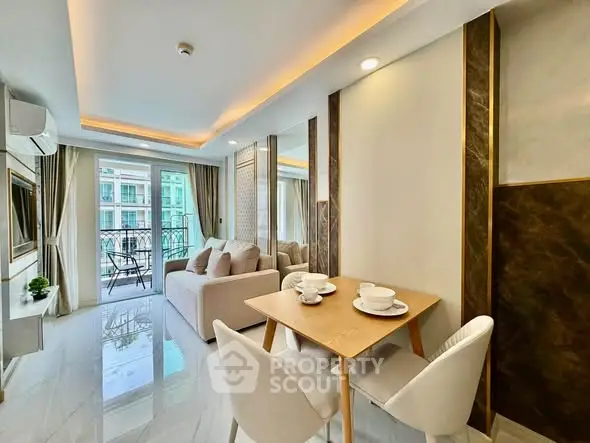 Modern living room with elegant dining area and balcony view in luxury apartment.