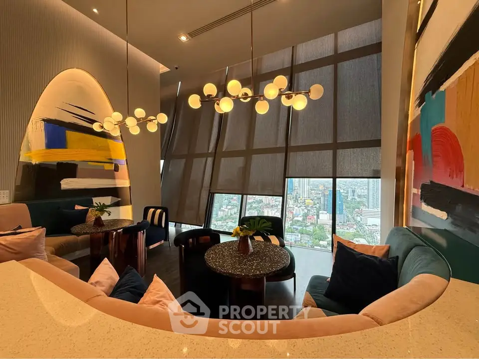 Luxurious modern living room with panoramic city view and stylish decor