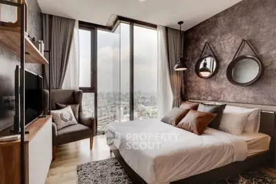 Luxurious bedroom with stunning city view and modern decor
