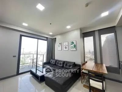 Modern living room with city view and stylish decor