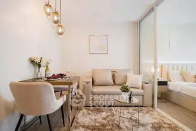 Modern living room with elegant decor and cozy seating area