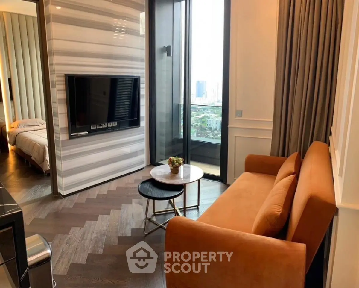 Modern living room with city view and stylish furniture in luxury apartment