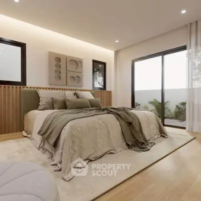 Luxurious bedroom with modern decor and large windows opening to a serene balcony view.