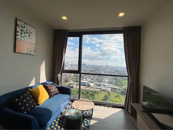 Modern living room with stunning city view and stylish decor