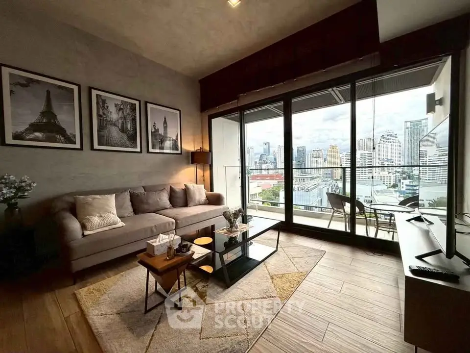 Modern living room with city view, stylish decor, and cozy seating area.