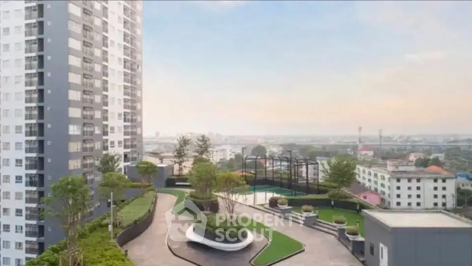 Stunning rooftop garden with panoramic city views in modern high-rise building.