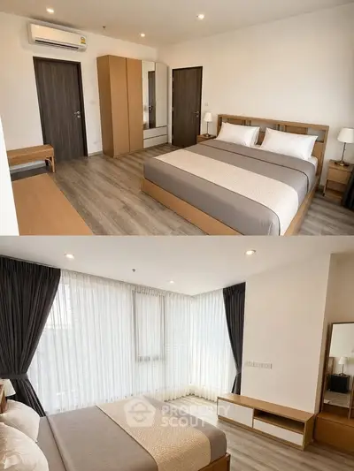 Spacious modern bedroom with large windows and elegant furnishings in a stylish apartment.