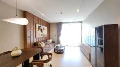 Modern living room with elegant wooden furniture and natural light