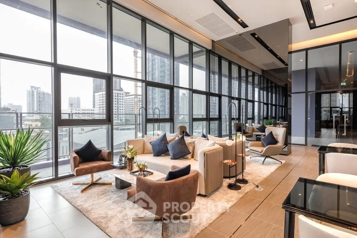 Luxurious modern living room with floor-to-ceiling windows and city view, elegant furniture and decor.