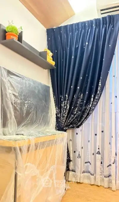 Cozy bedroom corner with elegant starry curtains and modern decor