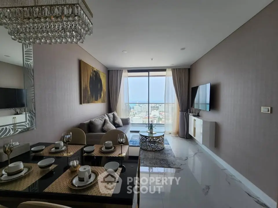 Luxurious living room with elegant decor and stunning city view