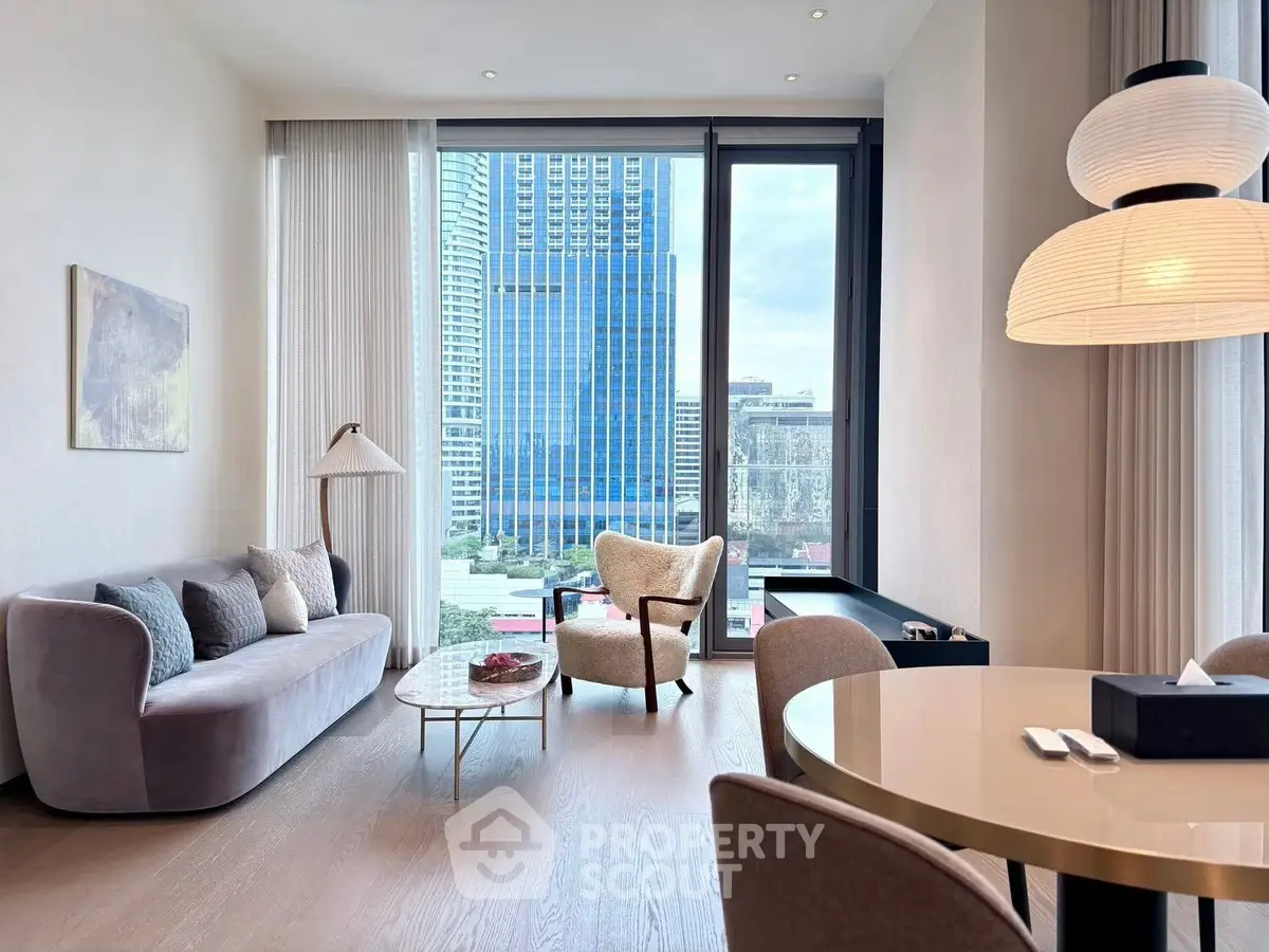 Luxurious modern living room with stunning city view, elegant furniture, and floor-to-ceiling windows.