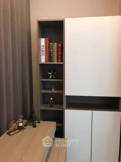 Modern study room with sleek storage and decorative accents