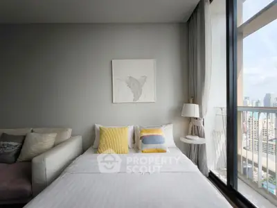 Modern bedroom with city view and stylish decor