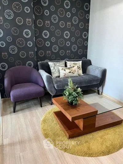Stylish living room with modern furniture and unique wall design